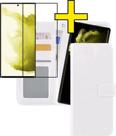 Hoesje - 2 in 1 - Geschikt voor Samsung Galaxy S22 Ultra - Met Screenprotector - En Uitneembare Hard Cover - Bookcase - Wallet Case - Met Pasjeshouder - Book Case - Uitneembaar - Pashouder - Kunstleer - Telefoonhoesjes - Wit