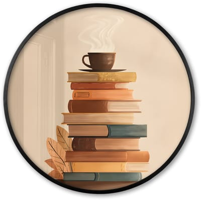 Poster in lijst Rond - Fotolijst 60x60 cm - Posters - Boeken - Toren - Koffie - Beige - Ronde posterlijst zwart - Decoratie - Wanddecoratie woonkamer - Muurdecoratie slaapkamer