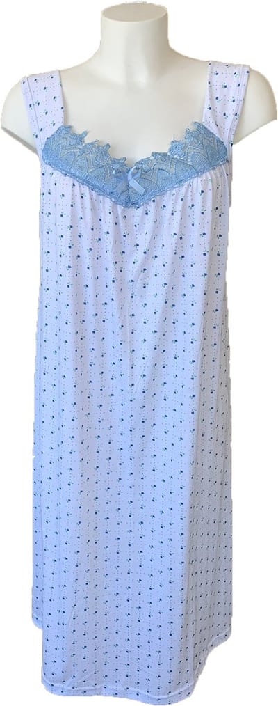 Dames Nachtjapon Gebloemd met kant en brede band - Nachthemd zonder mouwen - 100% katoen - kleur Blauw - maat XL