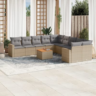 vidaXL - 11-delige - Tuinset - met - kussens - poly - rattan - beige