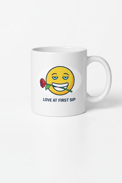 Mok 'Love at First Sip' met Romantische Emoji en Roos - Uniek Cadeau voor Koffie- en Theeliefhebbers