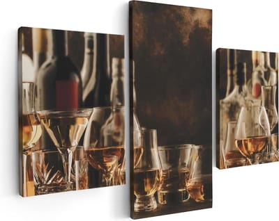 Artaza Canvas Schilderij Drieluik Glazen met Sterke Drank - Flessen - 90x60 - Foto Op Canvas - Canvas Print