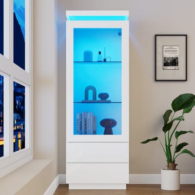 Pugsdrly 60*40*171 cm vitrinekast, hoge kast met 2 lades, hoogglans hoge kast met glazen vitrine en ledverlichting, staande kast met vitrine, woonkamerkast met glazen deuren en klapdeur, wit