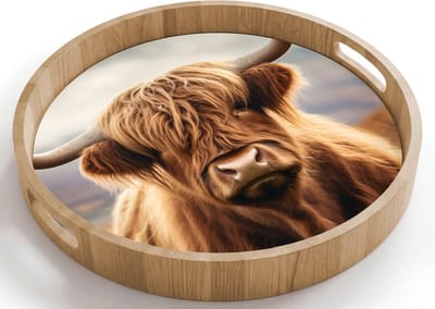 Dienblad rond 40x40 cm - Schootdienblad hout - Schotse hooglander - Landschap - Dier - Borrelplank rechthoek - Plateau houten dienbladen