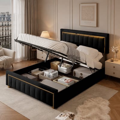 Opbergbed 140x200 cm met lattenbodem, tweepersoonsbed met hydraulische opbergruimte en hoofdbord met verguld, gestoffeerd voor volwassenen en tieners, fluweel Zwart