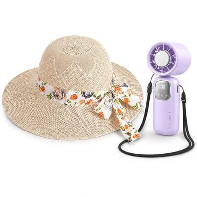VHV - Zonnehoed en Ventilator Set - dames beige opvouwbare strohoed met brede rand en strik - Aparte handventilator - Voor strand, vakantie, reizen