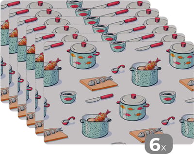 Placemat - Placemats kunststof - Patronen - Koken - Eten - Vis - Pan - 45x30 cm - 6 stuks - Hittebestendig - Anti-Slip - Onderlegger - Afneembaar
