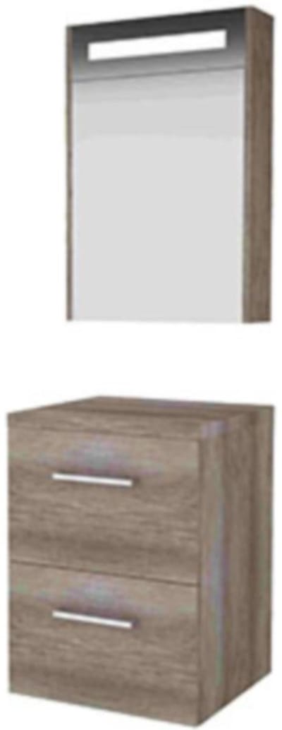 Basic-Line Premium 46 Badkamermeubelset - 50 x 46 cm - Met Grepen - 2 Lades - Wastafelblad - Spiegelkast met LED Verlichting - Scotch Oak