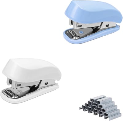Mini nietmachine - Kantoor nietapparaat - Documenten binden - Ingebouwde nietverwijderaar - Compact formaat - Wit en blauw