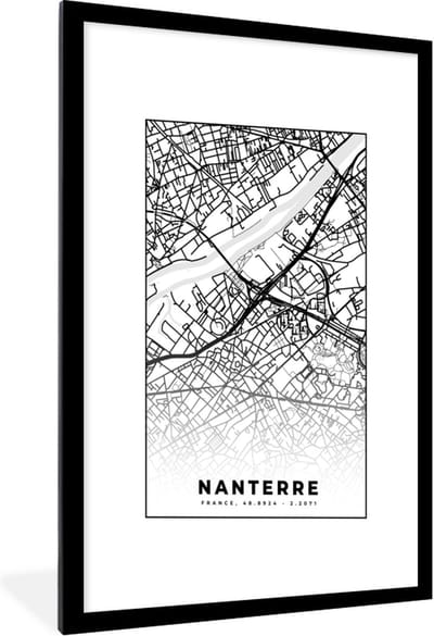 Fotolijst incl. Poster Zwart Wit- Plattegrond - Nanterre - Kaart - Frankrijk - Stadskaart - Zwart wit - 60x90 cm - Posterlijst