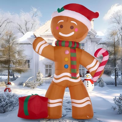 2,4 M Kerst Opblaasbare Peperkoekman met Lollystok met Ingebouwde LED's ontworpen voor Kerstviering Buiten Decoratie brown