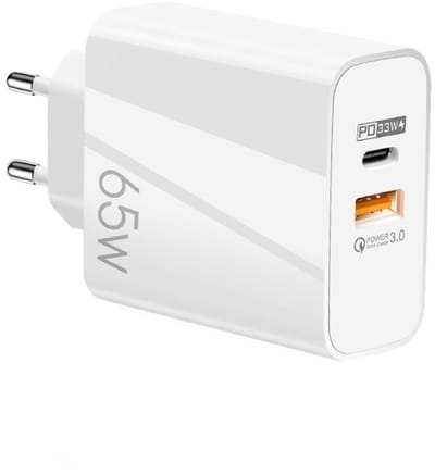 65W USB-C + USB - GaN Snellader - Dual Port PD 33W & QC 3.0 - Universele Laptop en Smartphone Oplader adapter lader - wit