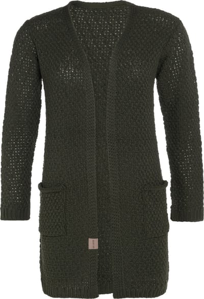 Knit Factory Luna Gebreid Vest Khaki - Gebreide dames cardigan - Middellang vest reikend tot boven de knie - Donkergroen damesvest gemaakt uit 30% wol en 70% acryl - 40/42 - Met steekzakken