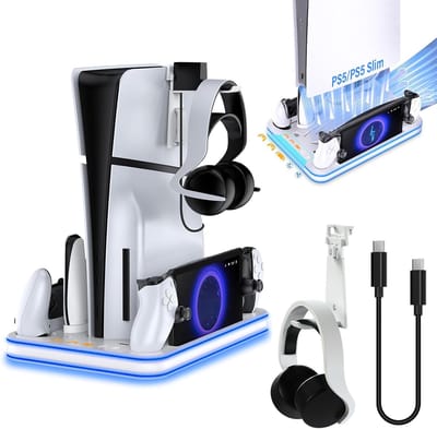 SnelShoppen - Stand en Koelstation voor PS5/PS5 Slim - Oplaadstation voor Playstation Portal - Controller Oplaadstation met 3-niveau Koelventilator en