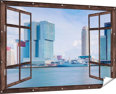Gards Tuinposter Doorkijk Rotterdamse Skyline aan het Water - 180x120 cm - Tuindoek - Tuindecoratie - Wanddecoratie buiten - Tuinschilderij