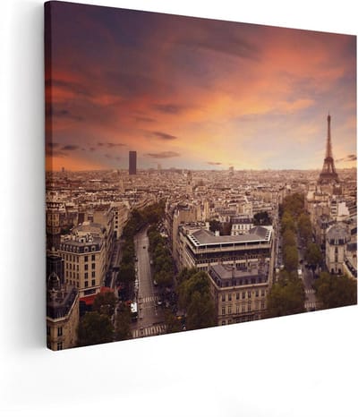 Artaza Canvas Schilderij Parijs - 100x80 cm - Groot - Wanddecoratie Skyline - Muurdecoratie Eiffeltoren - Schilderijen Op Canvas Zonsondergang