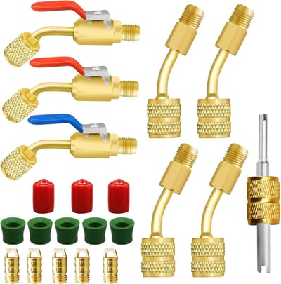 Adapterset voor koelmiddelen, 21-delig, R410A, R134A, R12, R22, met hoekige kogelklep voor airconditioning en koelsystemen