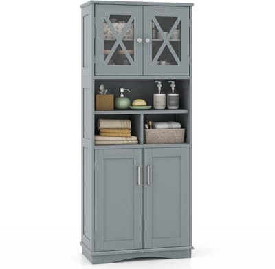 COSTWAY Badkamerkast, vrijstaande hoge kast met verstelbare planken, deuren en 3 vakken, badkamerkast met kantelbeveiliging voor badkamer, keuken, woonkamer, 60 x 30 x 145 cm (grijs)