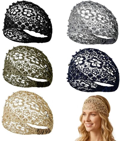 5-delige haarbanden voor dames – brede, chique haarbanden met kant, pruimenbloesemmotief - opengewerkt design en kralen, voor dagelijks gebruik en diverse feestdagen