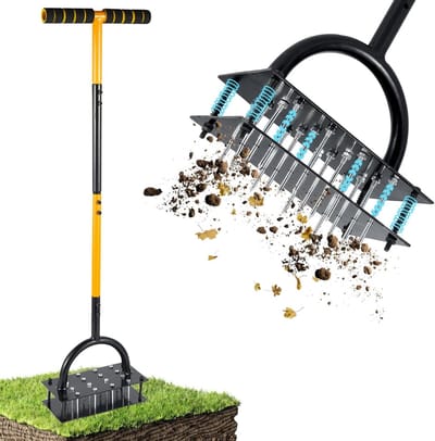 Gazonbeluchter Handmatig - Tuinbeluchter Gazon - Gazononderhoud Verbeteren - 16 Scherpe Spikes - Verstelbare Hoogte - Geel Zwart