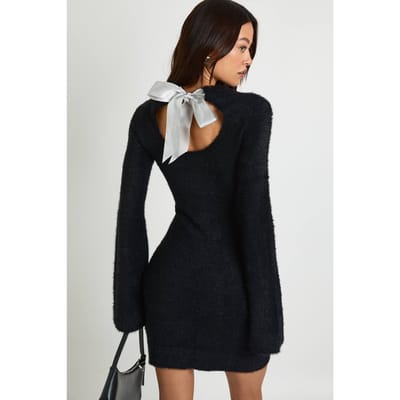 boohoo Dames Grote strik rugdetail superzachte gebreide mini-jurk | Black | Maat: Small