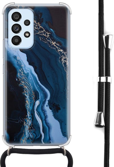Hoesje met koord - Geschikt voor Samsung Galaxy A53 - Marmer lagoon blauw - Verstelbaar zwart koord - Crossbody - Marmer - Transparant, Blauw - Leuke Telefoonhoesjes