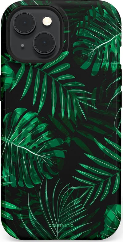 Casetastic hoesje geschikt voor Apple iPhone 15 - MagSafe - Dubbellaagse bescherming - Jungle blad - Fashion Case - Donkergroen Zwart