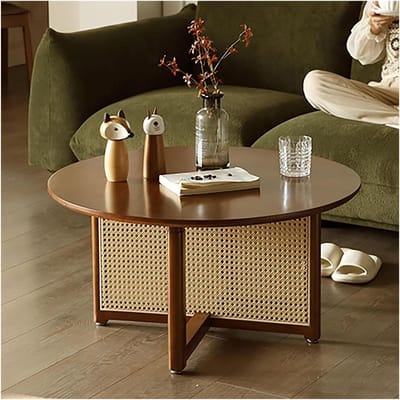Ronde Salontafel - Bijzettafel Hout - Woonkamer Decoratie - Handgevlochten Rotan - 60 cm - Walnoot
