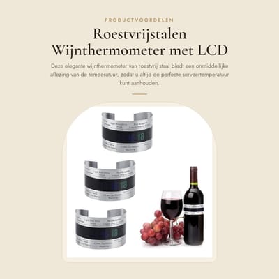 Dailygoods- Wijnthermometer Roestvrij Staal - Temperatuurbereik 4-24 °C - Diameter 6 cm - Gewicht 23 gram - Elegante Temperatuurthermometer - Onmiddellijke Aflezing - Temperatuurmeter