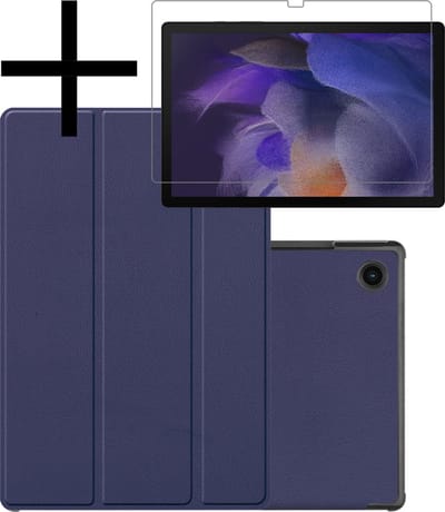 Hoes - Geschikt voor Samsung Galaxy Tab A8 - Met Screenprotector - Trifold Bookcase - Hard Cover - Hardcover Book Case - Tablet Hoesje - Donkerblauw