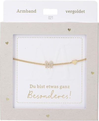 Depesche armband goud met M-hanger en hartje, verstelbaar cadeau.