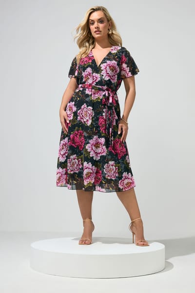 Yours London Zwarte En Roze Bloemenprint Wikkeljurk Size 42