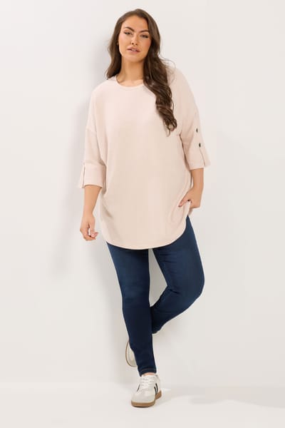 Yours Roze Zachte Geribde Top Met Knoopmouwen Size 44
