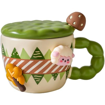 Creatieve Magnetische Zuigende Lam Mok Schattige Keramische Waterbeker Cartoon Koffiekop met Deksel Lepel Koppelbeker Souvenir Cadeau Vrouwen 401-500ml beige
