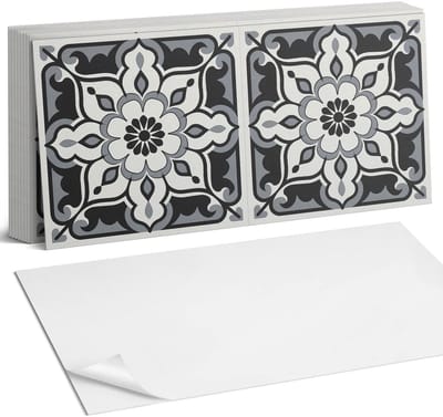 Coloray Plaktegels - Bloemenpatroon met ornamenten Zelfklevende Wandtegels - 40 cm x 20 cm - Zwart Plaktegels - 10 stuks - Rechthoek PVC Tegels - Plaktegels Badkamer - Vloertegels Zelfklevend - Vinyl Tegels - Portugese Tegels