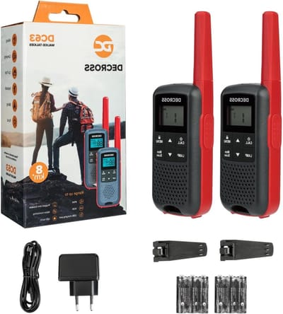 DC DECROSS 63 Walkie Talkie Kinderen en Volwassenen - tot 8 km bereik - PMR446 16 kanalen - VOX zaklamp IPX4 - Cadeau Jongens Meisjes - 5 6 7 8 jaar - wandelen kamperen Accu (Rood)