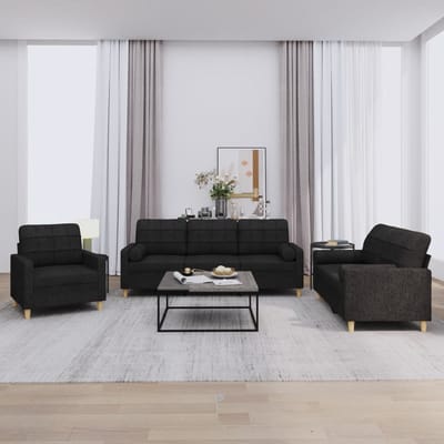 vidaXL - 3-delige - Loungeset - met - kussens - stof - zwart