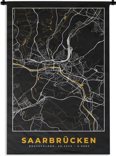 Wandkleed - Wanddoek - Saarbrücken – Stadskaart – Gold – Plattegrond – Stadskaart – Kaart - Duitsland - 120x180 cm - Wandtapijt