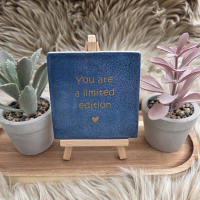 Robuust Wenstegeltje – You Are a Limited Edition – Hip trendy tegeltje – Uniek Cadeau voor Vriendin, Juf, Tante, Zus of Collega – Stijlvolle Woondecoratie met Boodschap – Trendy nu – Decoratief Tegeltje met Standaard – Cadeau Idee