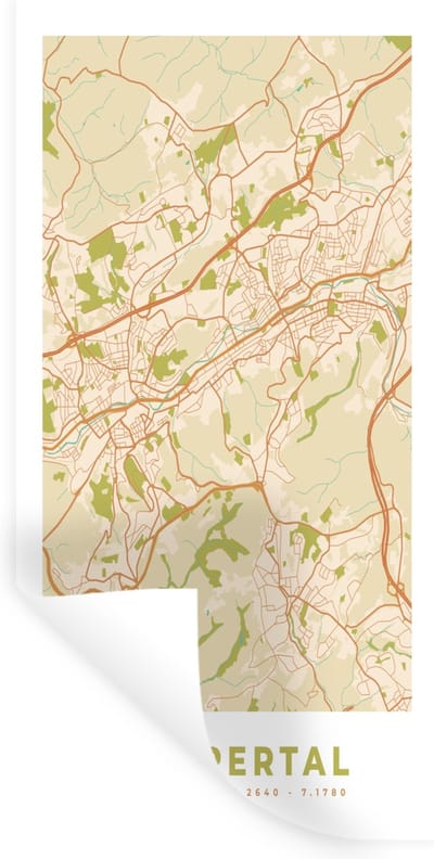 Muurstickers - Sticker Folie - Plattegrond - Wuppertal - Kaart - Stadskaart - Vintage - 40x80 cm - Plakfolie - Muurstickers Kinderkamer - Zelfklevend Behang - Zelfklevend behangpapier - Stickerfolie