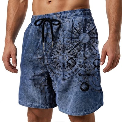 Blauw zwart zwembroek heren met kompas print en nautische kaart print, elastische tailleband met zwart trekkoord, korte zwemshort met vintage maritiem dessin maat M