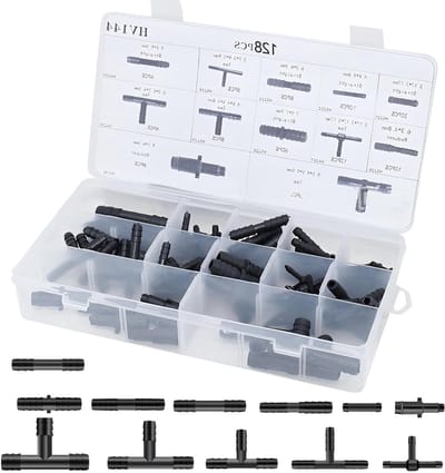 Dailygoods - Slangverbinderset, 128 stuks, 12 maten, druppelslangconnector, parelslang, accessoires, zwart, micro-drip, T-stuk voor tuinen, slangen, irrigatie, aansluitkit