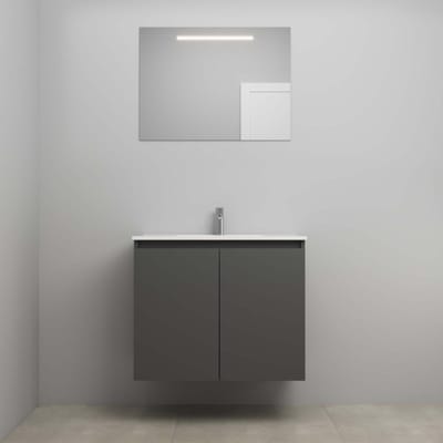 On-Line Badkamermeubelset - 80 cm - Bouwpakket - Greeploos 2 Deuren - Porseleinen Wastafel - 1 Kraangat - Spiegel met LED-Verlichting - Mat Antraciet
