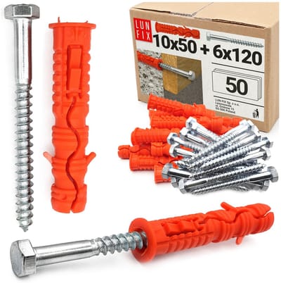 LUN FIX - Pluggen set 10x50 mm - 50 Stk. - Zeskantschroef 6x120 mm - Nylon en staal wit verzinkt - Schroeven voor Beton