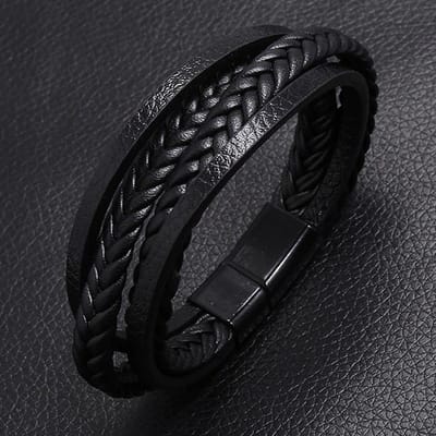 Heren Armband Leer met Dubbele Vlecht - Zwart met Zwarte Sluiting - Leren Armbanden - Papa Cadeau Voor Mannen - Vaderdag