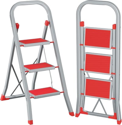 Trapladder, ladder met 3 treden, tot 150 kg belastbaar, vouwtrap met breed anti-slip pedaal en klapbeveiliging, eenvoudig op te bergen