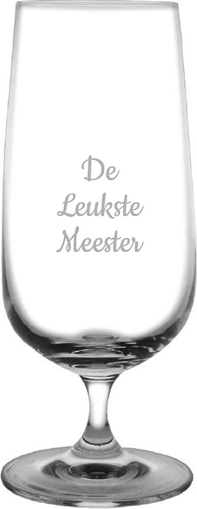 Gegraveerde bierglas op voet 41cl De Leukste Meester