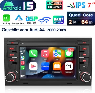 HexinexMarket Quad-Core autoradio Geschikt voor Audi A4 - Draadloos CarPlay, Android Auto, Android 15, GPS Navi, multimediaspeler, 2GB+64GB