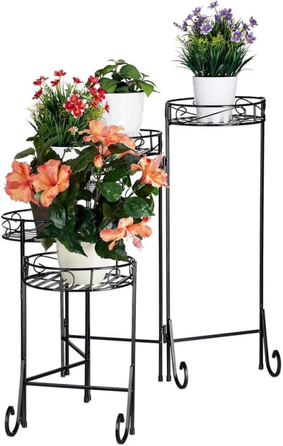 Famanu – Plantenrek van metaal met 5 etages, rond, voor binnen en buiten, vintage plantenetagère, 65 x 125 x 23 cm, zwart