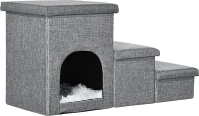 PawHut Hundetreppe, 3 Stufige Katzentreppe mit Höhle, Haustiertreppe mit Stauraum, Kissen, 3-in-1 Haustierrampe, bis 10 kg Belastbar, für Sofa, Bett, Leinen, Hellgrau